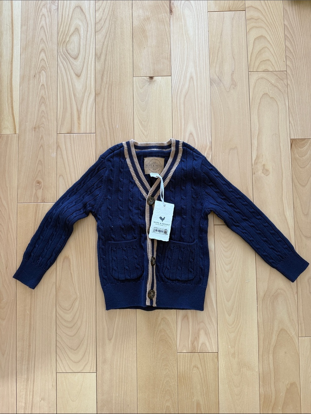 Hope & Henry Navy Cable-Knit Cardigan with Tan Trim